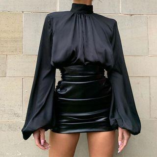 Bishop-sleeve Mock-neck Blouse