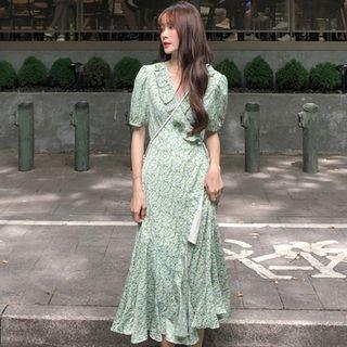 Puff-sleeve Ruffle Trim Floral Midi Mermaid Dress Light Green - One Size