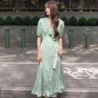 Puff-sleeve Ruffle Trim Floral Midi Mermaid Dress Light Green - One Size