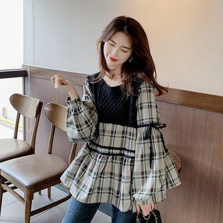 Plaid Panel Blouse Black - One Size