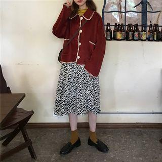 Single-breasted Ruffle-trim Jacket / Patterned Midi A-line Skirt