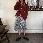 Single-breasted Ruffle-trim Jacket / Patterned Midi A-line Skirt