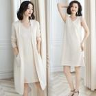 Set: Sleeveless Knit Dress + Open-front Long Cardigan