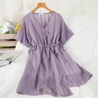 Short-sleeve V-neck Drawstring-waist A-line Dress