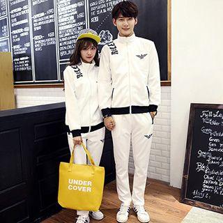 Set: Couple Contrast-trim Printed Jacket + Drawstring Pants