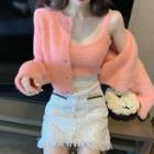 Spaghetti Strap Fleece Crop Top / Cardigan / Tweed Mini Skirt