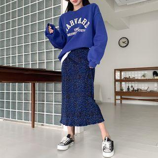 Band-waist Crinkled Leopard Long Skirt