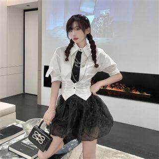 Puff-sleeve Neck Tie Print Shirt / Mesh Skort