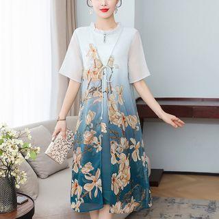 Elbow-sleeve Pried Chiffon Dress