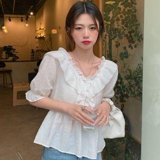 Bell-sleeve V-neck Ruffled Blouse White - One Size