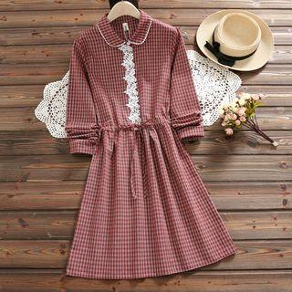 Plaid Collared Drawstring Waist A-line Dress