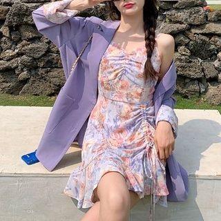 Spaghetti Strap Floral Print Drawstring A-line Dress / Plain Blazer