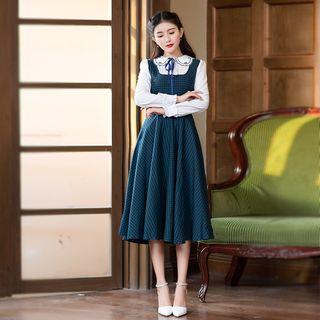 Mock Two-piece Long-sleeve Embroidered Midi Collared A-line Dress