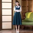 Mock Two-piece Long-sleeve Embroidered Midi Collared A-line Dress