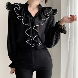 Long Sleeve Ruffle Trim Blouse