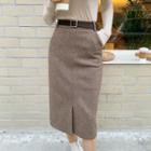Slit-front Herringbone Skirt With Belt