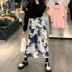 Long-sleeve Plain Cutout Loose-fit Top / Print Midi Skirt