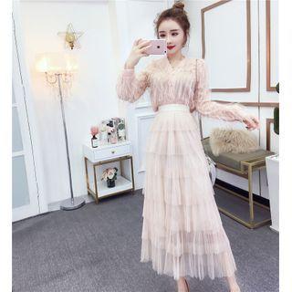 Set: Long-sleeve Mesh Top + Tiered Midi Skirt