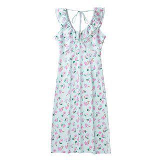 Sleeveless Ruffled Floral Midi Sheath Dress