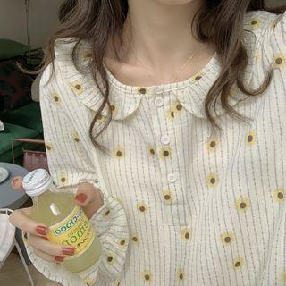 Bell-sleeve Collared Floral Sleep Dress White - One Size