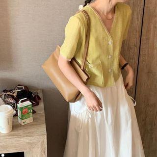 Short-sleeve V-neck Blouse / Drawstring Midi A-line Skirt / Set