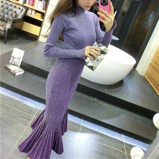 Set: Long-sleeve Mock-neck Knit Top + A-line Midi Skirt