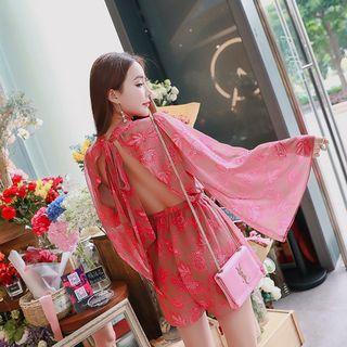 Open Back Floral Print Long Sleeve Playsuit