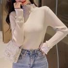 Bell-sleeve Mock-neck Ribbed Knit Top