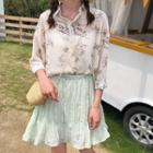 3/4-sleeve Floral Chiffon Shirt / Crinkled A-line Mini Skirt