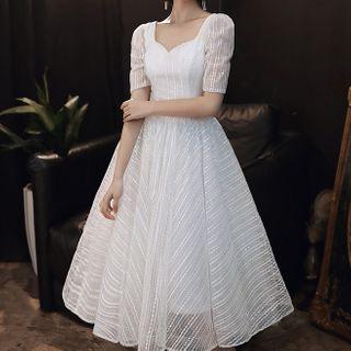 Short Sleeve Square Neck Embroidered A-line Cocktail Dress