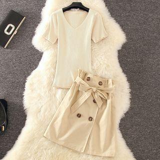 Set: V-neck Short-sleeve Knit Top + A-line Skirt