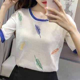 Contrast Trim Feather Embroidered Short-sleeve Knit Top