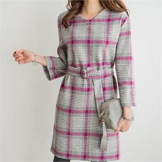 V-neck Belted Plaid Shift Dress