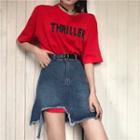 Lettering Short-sleeve T-shirt / Ripped Denim Skirt