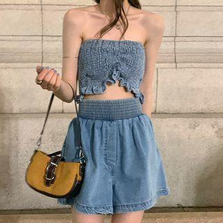 Ruffle Trim Strapless Top / Denim Shorts