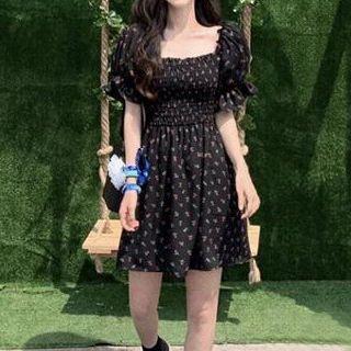 Puff-sleeve Ruched Floral Print Dress Black - One Size