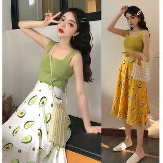 Plain Tank Top / Midi Avocado Print A-line Skirt