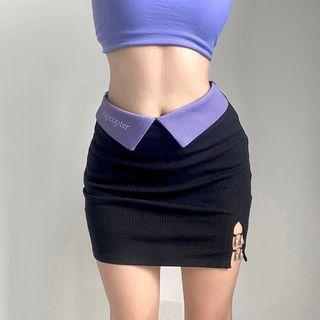 Letter Embroidered Asymmetrical Pencil Skirt