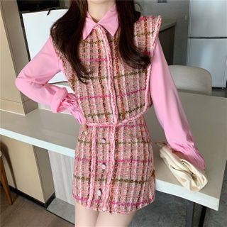 Set: Check Vest + Long-sleeve Shirt + Skirt