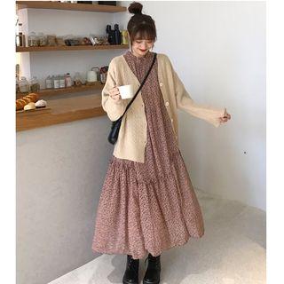 Long-sleeve Floral A-line Midi Dress / Cable Knit Cardigan