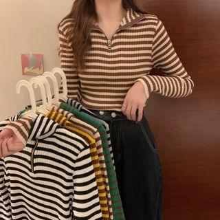 High-neck Zip Striped Long-sleeve Knit Top