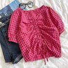 Puff-sleeve Plaid V-neck Drawstring Top Plaid - One Size