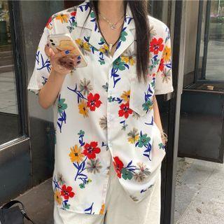 Elbow-sleeve Floral Print Shirt Red & Yellow Flower - White - One Size