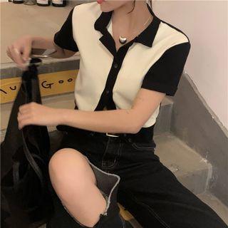 Short-sleeve Collar Two-tone Button-up Top White & Black - One Size