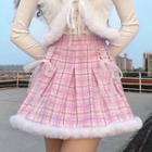 Plaid Fluffy Trim Lace-up Mini A-line Skirt