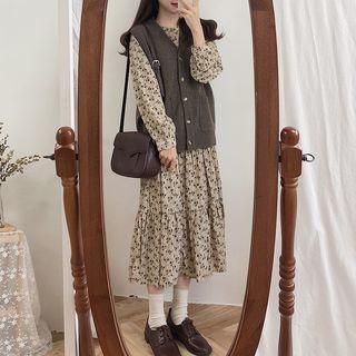 Long-sleeve Midi Floral Dress / Knit Vest