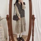 Long-sleeve Midi Floral Dress / Knit Vest