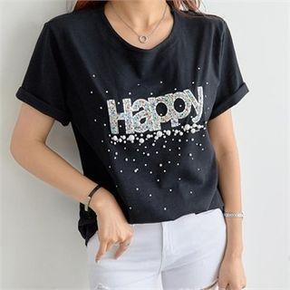 Rhinestone-lettering Faux-pearl Beaded T-shirt