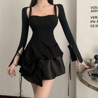 Cropped Jacket / Asymmetrical Wide Strap A-line Dress