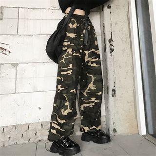 Drawstring Hem Camouflage Straight-cut Pants